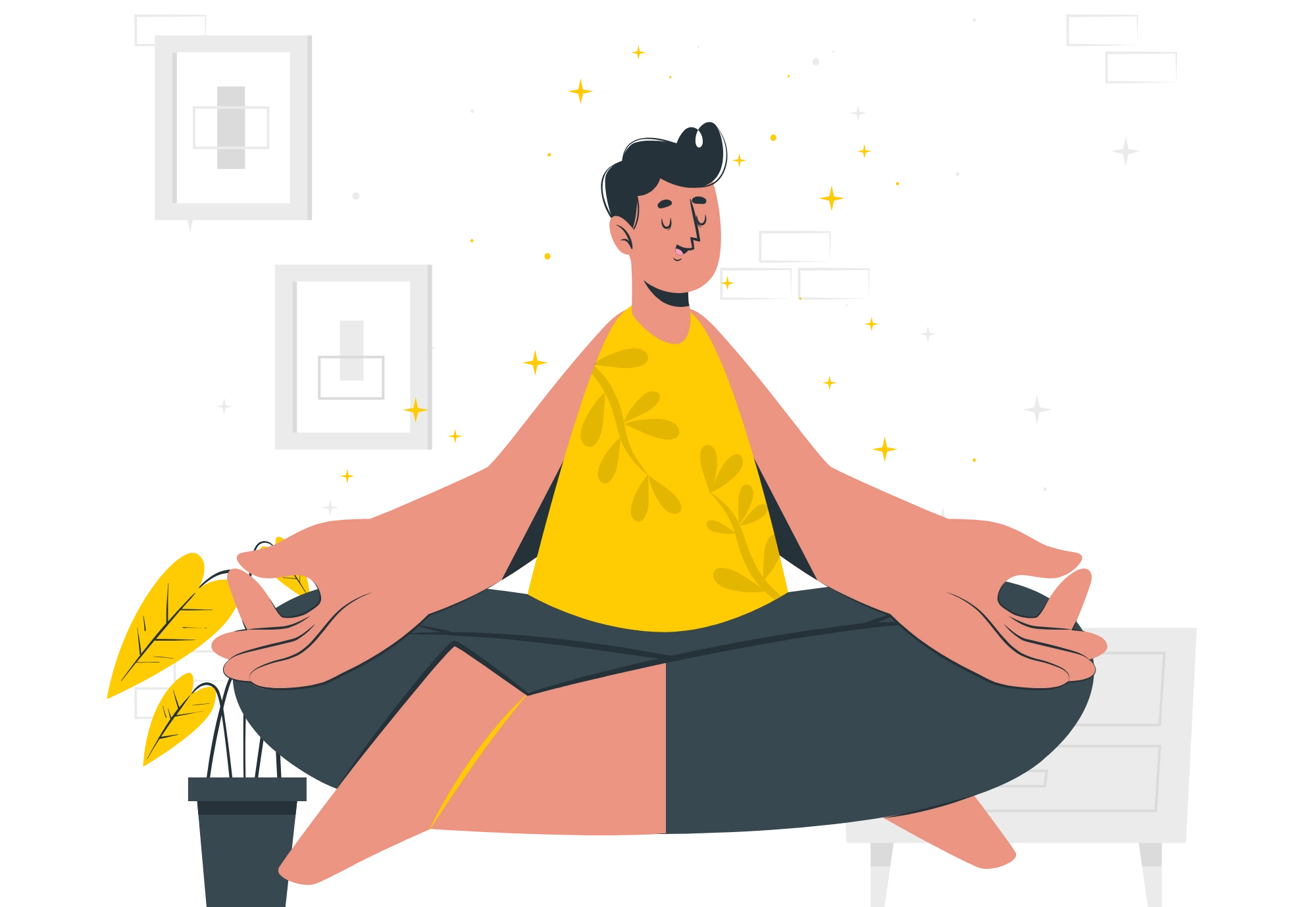 Illustration of a person meditating cross-legged with eyes closed, wearing a yellow top and dark pants, surrounded by sparkles.
